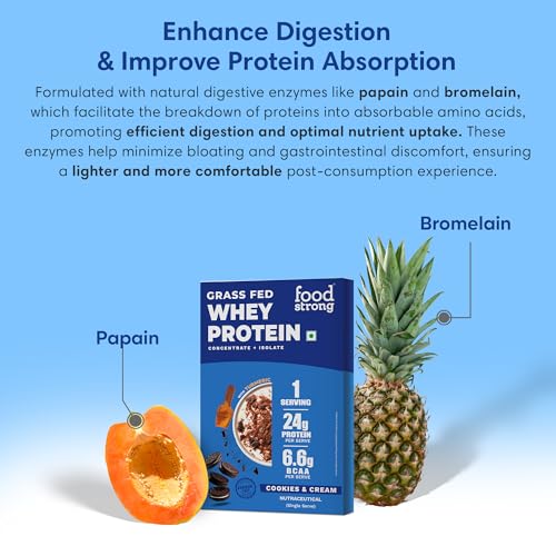 Image of Foodstrong Whey Protein Powder (Concentrate + Isolate), 100% Hormone Free Grass-Fed Whey, 24G Protein & 6.6G BCAA, Cookies & Cream, With Turmeric & Digestive Enzymes, 35G