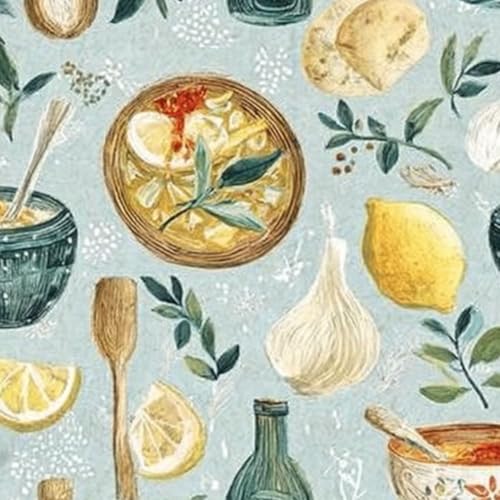 壁紙 60cm x 300cm 剥がせる 手描きの新鮮な食材のイラスト:レモン、ニンニク、オリーブオイル、ハーブ、田舎風スタイル 多機能 防水/汚れ防止/防油 食器棚 クロ 玄関 ふすま紙 家具 部屋 DIY 賃貸OK