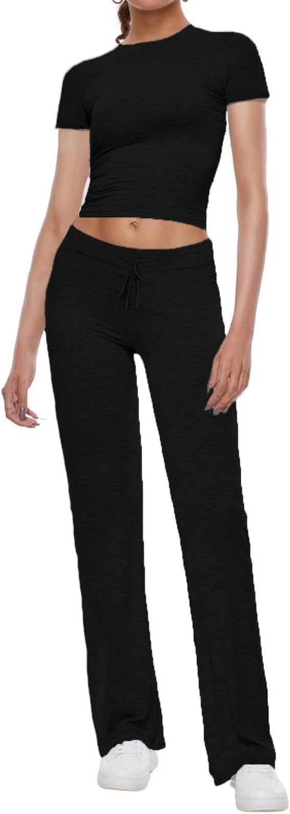Women's 2 Piece Lounge Sets Straight Leg Pants Set Short Sleeve Crop T-shirt Casual Outfits Comfy Loungewear