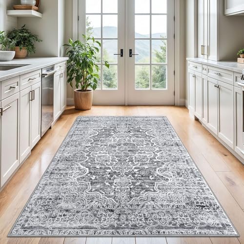 KUTA Area Rug 4x6 Living Room, Washable Rugs Vintage Distressed Tribal Grey White, Non-Slip Dining Room Carpet, Extra Soft Low Pile Printed Traditional Medallion Cozy Throw for Bedroom