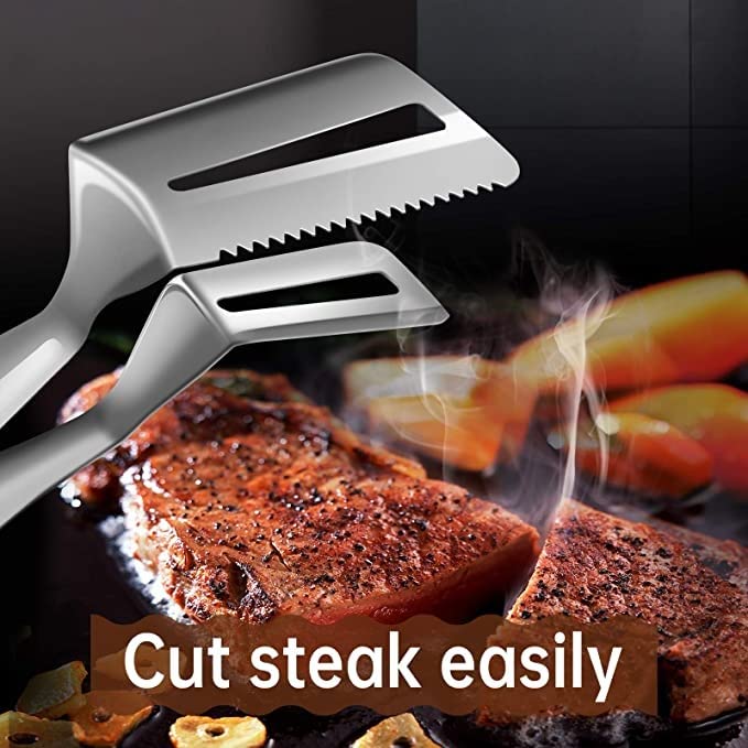 Pinzas de Cocina, 2 Piezas de Acero Inoxidable, Pinzas para espátula, Pinzas para Carne, espátula Doble ranurada, Pinzas para Voltear Alimentos, Pinzas con Dientes, Pinzas para Barbacoa