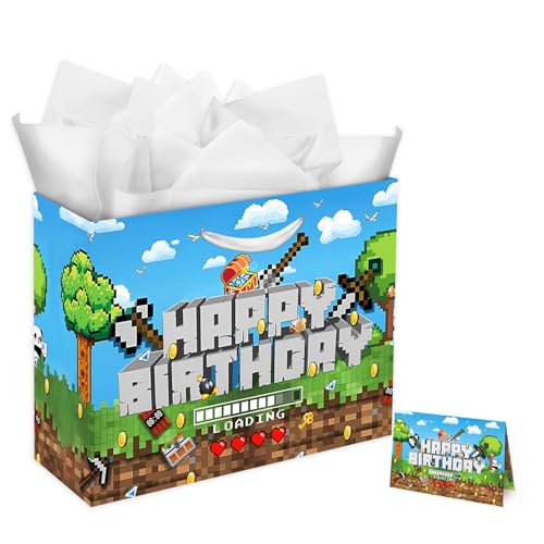 13 Large Video Games Gift Bag Set with Greeting Card and Tissue Papers Happy Birthday Gift Bags for pixelTheme Birthday Party Celebration.