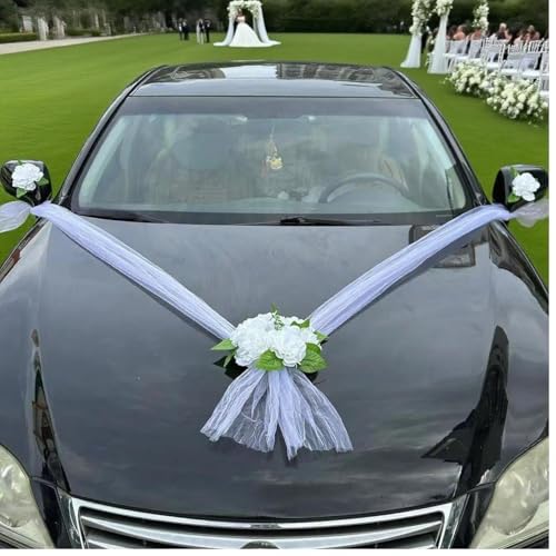 Wedding Car Decorations Set –White Artificial Flower with Long Satin Ribbons – Elegant Vehicle Cars Accessories for Just Married, Bridal Shower, Wedding Ceremony