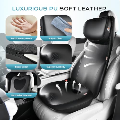 Image of Coverado Car Seat Cushion and One Piece Lumbar Support Headrest Pillow, Adjustable Velcro Design Car Neck Pillow, Ergonomic Memory Foam Car Back Support Driving Seat Cushion for Back Pain Relief,Black