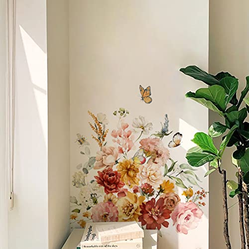 Runtoo Peony Flower Wall Art Decals Watercolor Butterfly Floral Wall Stickers for Bedroom Living Room Baby Nursery Wall Decor