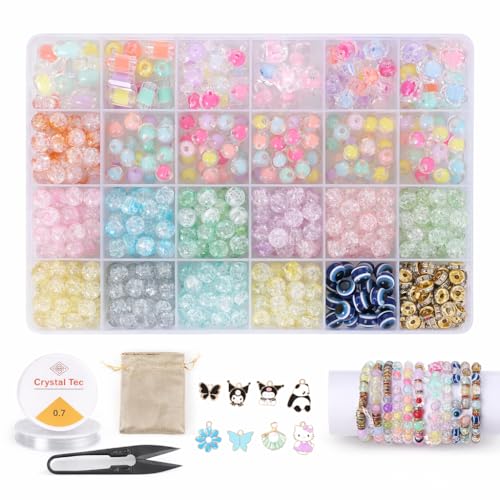 Image of Ambitieux DIY Bracelet Making Kit - 575+ Beads Jewelry Set with Glass, Double, Charms Pendants Accessories, Evil Eye, Elastic Thread, Cutter & Jute Bag - Craft Kit for Girls, Kids & Adults birthday 2 3 4 5 6 7 8 9 years (Crackle)