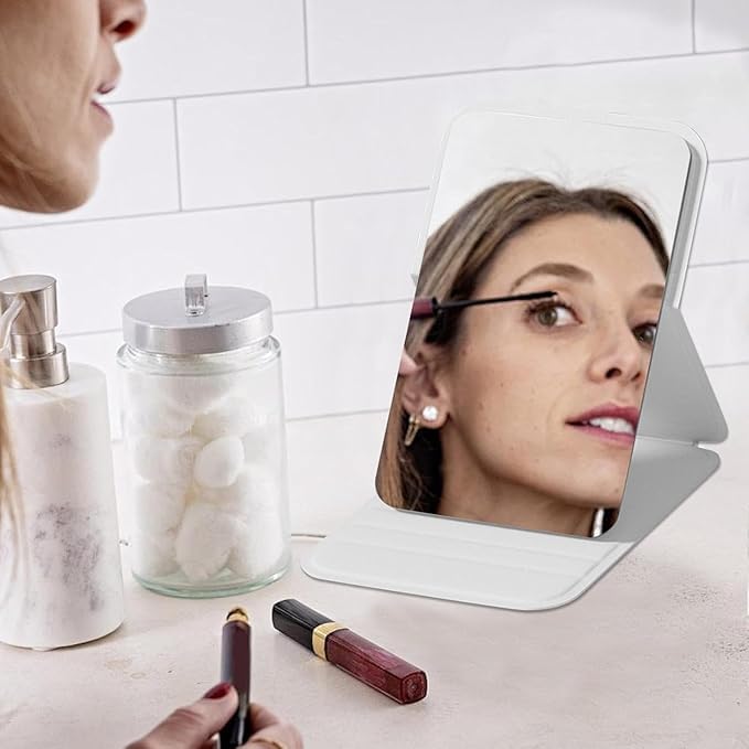 Image of Portable Folding Travel Mirror - Slim PU Leather Makeup Mirror with Adjustable Stand - Lightweight Pocket-Size Vanity Mirror for Purse, Desk, or Travel Use (7 x 10.5 cm) (Grey)