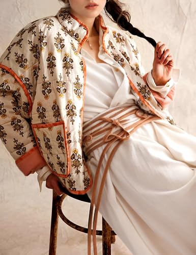 Women's Quilted Puffer Jacket Lightweight Floral Print Padded Coat Cropped Open Front Puffy Cardigan Outwear(Apricot-S)4