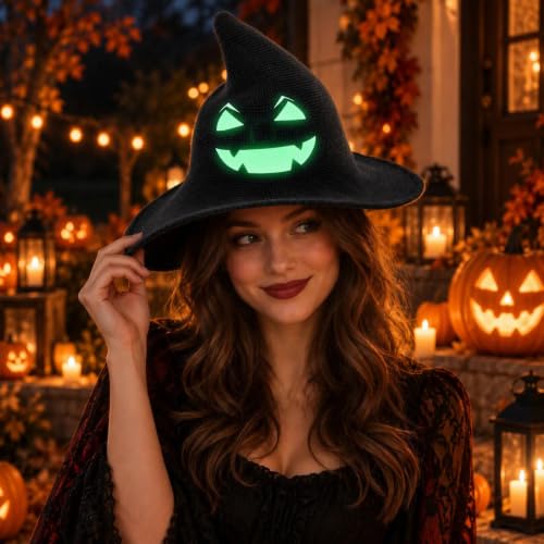 Witch Hat for Women Halloween Knitted Face Print Costume Hat Black - image 2