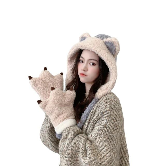 Women Winter Hat Neck Scarf Gloves Set Soft Fleece Warm Woolen Hooded Bear Design Beanie Cap For Girls-picture-21