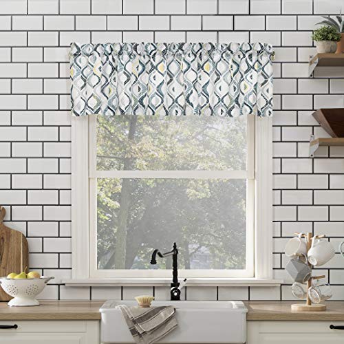 No. 918 Barker Geometric Semi-Sheer Rod Pocket Kitchen Curtain Valance And Tiers Set, 54" X 36", White #TOP6