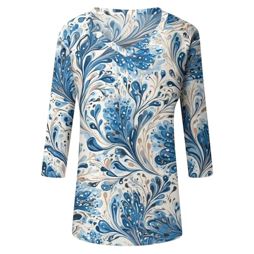 Womens Summer 3/4 Sleeve Tops 2025 Floral Print V Neck Casual Shirts Loose Fit Three Quarter Sleeve Blouses3