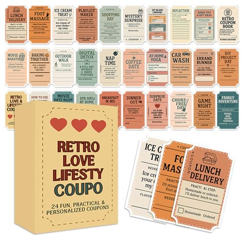 24 divertidas tarjetas de cupones de amor retro, libro de cupones de estilo de vida retro | Cupones románticos prácticos y personalizados para parejas, esposa, novia, novio y marido | Regalo del día