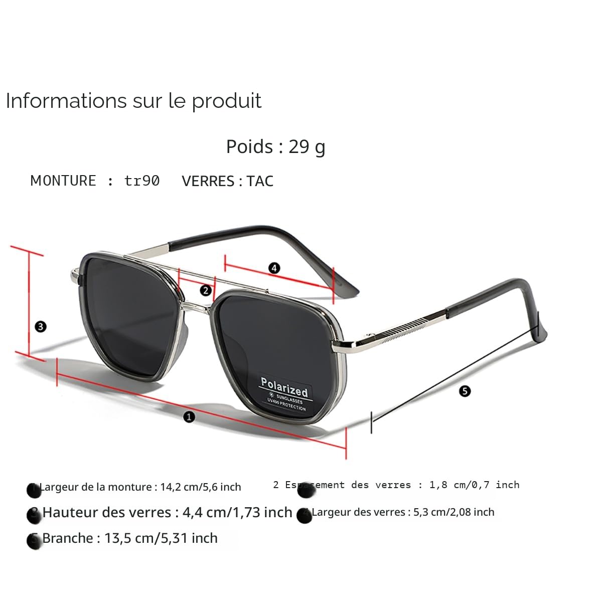 TR90 Lunettes de soleil polarisées rétro carré plat double pont plein cadre UV400