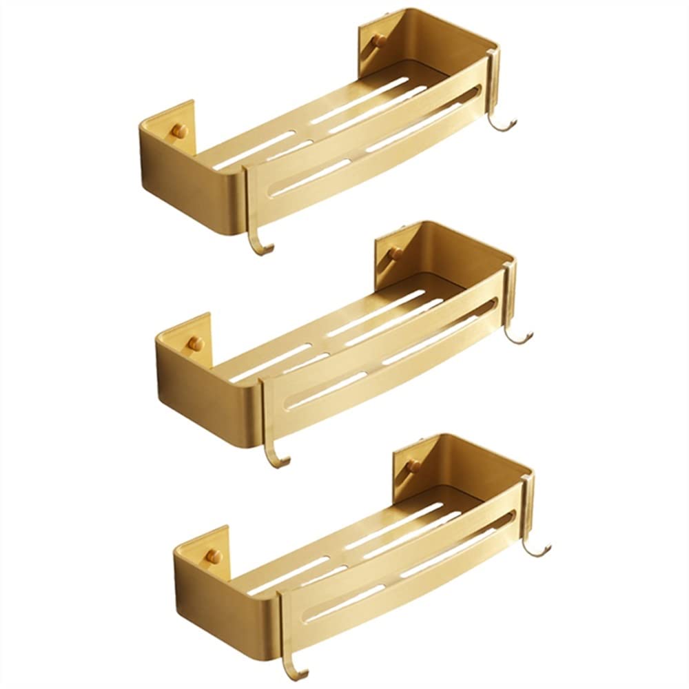 GTFDXJ Corner Shower Caddy Aluminum Bathroom Shelf with Hooks Rectangle Kitchen Bathroom Brushed Gold Storage Organizer Rack Holder