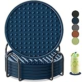 KEHOUXRE Coasters for Drinks 6 Pack Drinking Coasters with Holder,Heat Resistant Silicone Cup Mat Tabletop Protection,Non-Slip Rubber Coaster for Kinds of Cups (Blue)
