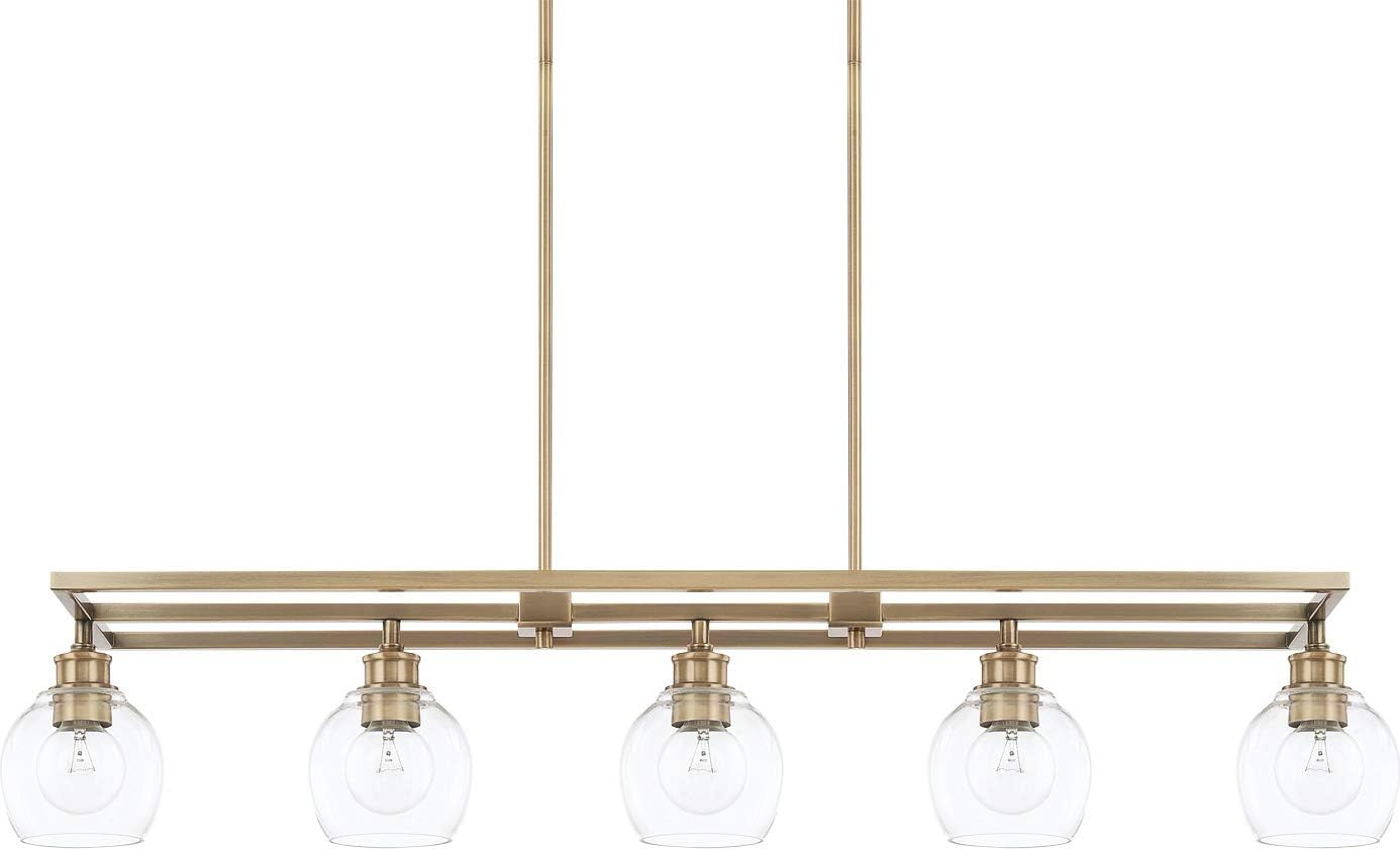 Capital Lighting 821151AD-426 Mid-Century Clear Glass Island Chandelier, 5-Light 500 Total Watts, 9" H x 47" W, Aged Brass