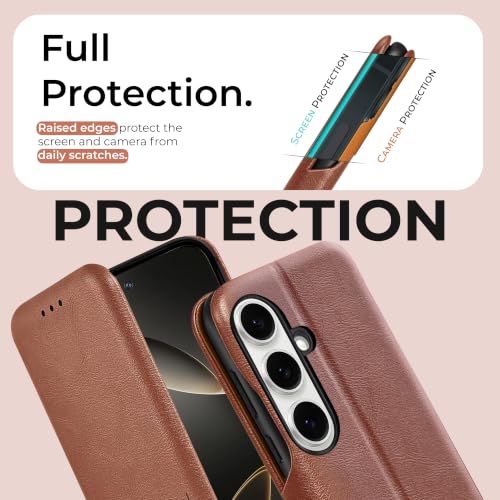 Image of PULOKA for Samsung Galaxy S24 - Sleek Flip Case - Premium Vegan Leather Phone Cover with Card Slot - Slim, Durable, Privacy Protection - Kickstand Function - Elegant Flip Wallet Cases - Brown