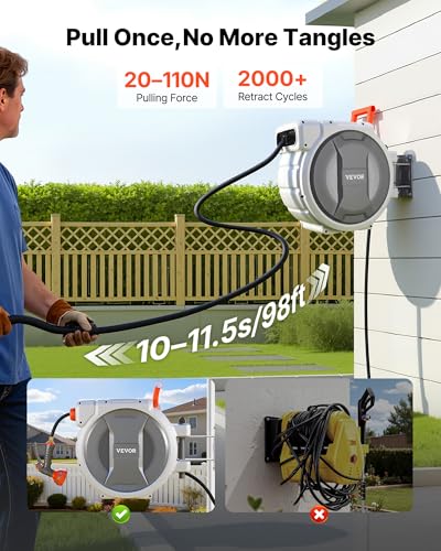 Image of VEVOR Retractable Garden Hose Reel, 1 /2 in x 100 ft, Wall Mounted Hose Reel with 9-Function Sprayer Nozzle and 180 Swivel Bracket, Any Length Lock, Automatic Slow Rewind System, for Garden Watering