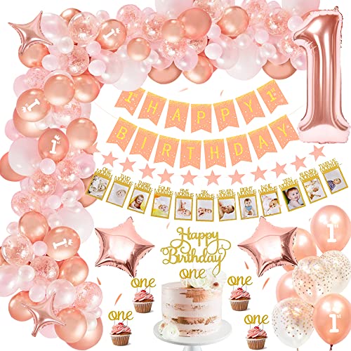 Décoration Anniversaire 1 An Fille Or Rose,Ballon Anniversaire Or Rose,Deco Anniversaire 1 An Bannière,Mois Bannière De Photo,ONE Cake Topper,1 Ans Anniversaire Fille