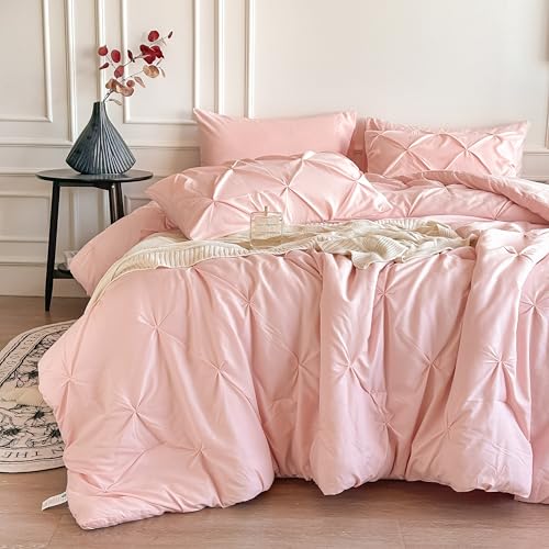 Maple&Stone Twin Comforter Set for Girls, 5 Pieces Twin Bedding Sets, Pinch Pleat Bed in a Bag Twin with Comforter, Sheets, Pillowcase & Sham - Pink
