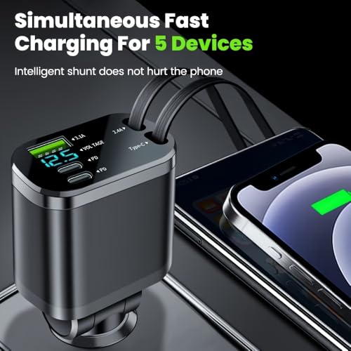 Image of 120W Fast Car Charger with 80CM Retractable Type-C & 30-pin Port Cables Charging for 4 Devices - Universal Car Mobile Charger for All Smartphones & Tablets (5 in 1 Car Charger)