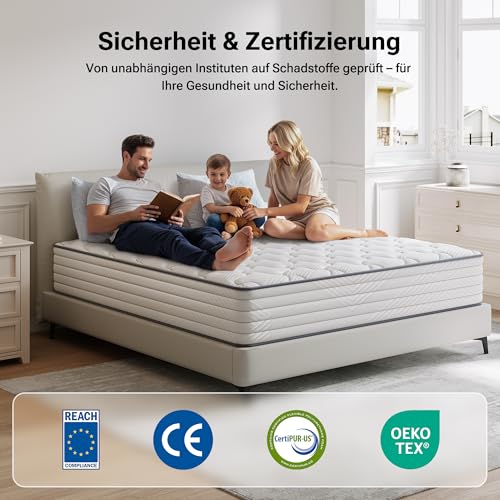 TXO Matratze 140x200 cm, Höhe 25 cm, Taschenfederkernmatratze Härtegrad H3, 7-Zonen-Federkernmatratze mit Hochwertigem Schaumstoff für Rückenunterstützung, Öko-Tex-Zertifiziert – Bild 7