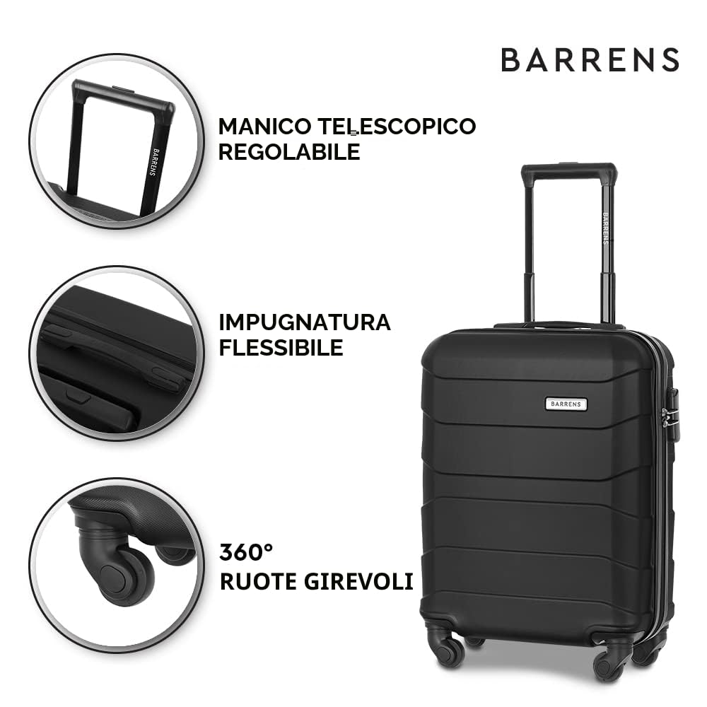 BARRENS Valigia Bagaglio a Mano 55x40x20 cm- Trolley Cabina Rigido in ABS - 4 Ruote 360° - Piccola Valige Cabin Size 34 L (Nero)