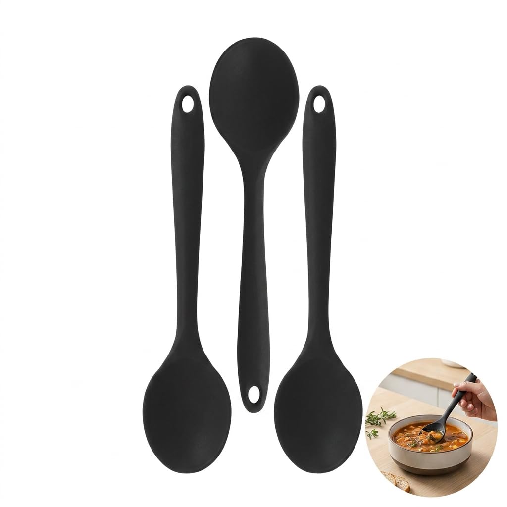 3Pcs Silicone Serving Spoon Set,Heat-Resistant Silicone Spoons for Cooking,Black 27.3 * 5.8cm Nonstick Kitchen Spoon,to Stirring Scooping and Mixing Cutlery,Durable Nylon Core,Easy Clean