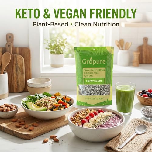Image of GroPure Organic: From Soil to Soul - Hemp Seeds for Eating 250 g I Raw Hemp Seeds I High in Protein, Fibre I Perfect for Smoothies, Salads, Baking I Organic Hemp | Suitable for Keto & Vegan Diets | Natural Plant-Based Nutrition