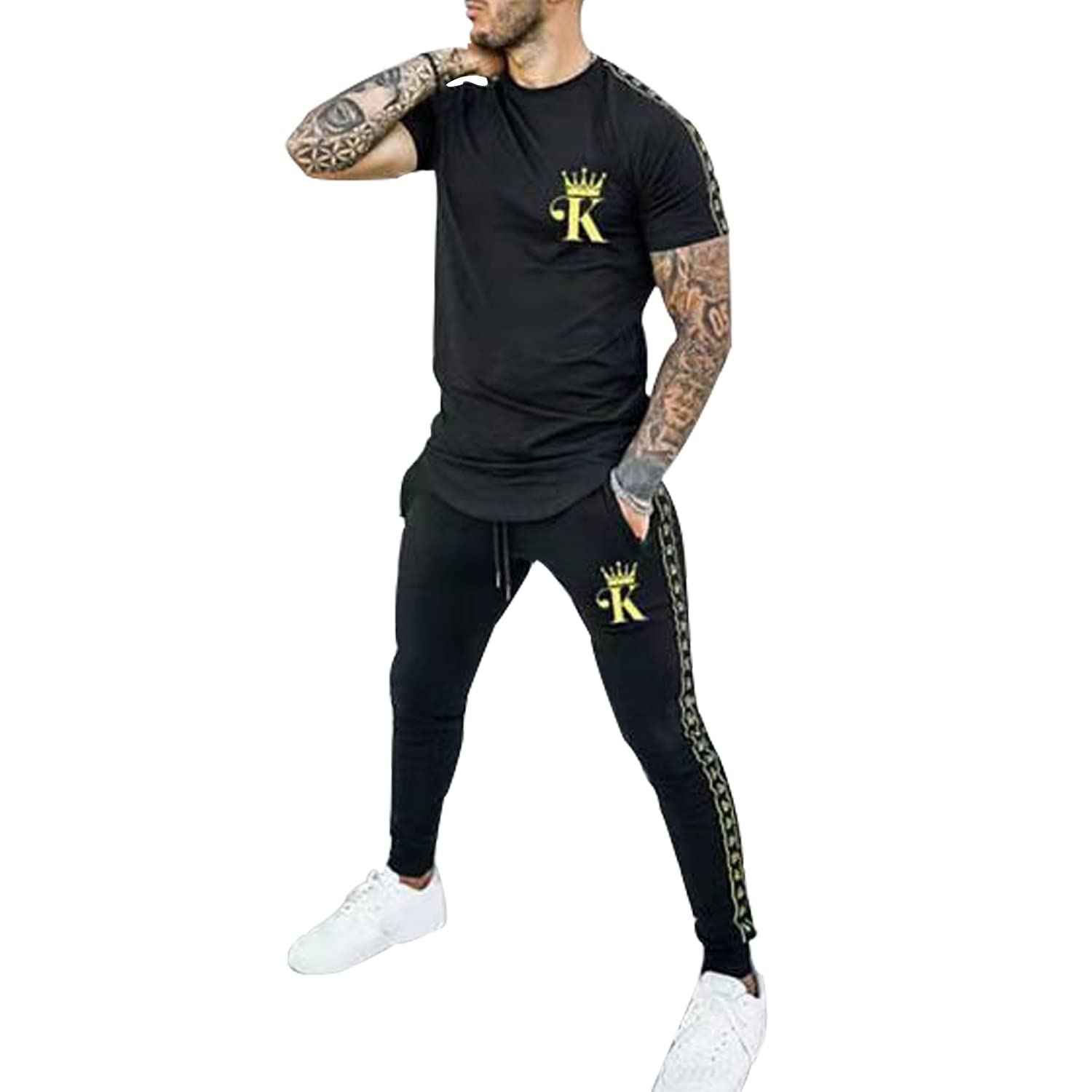 aijinaMen's Casual Sportswear Short-Sleeved Running Jogging Track and Field Sports Suit