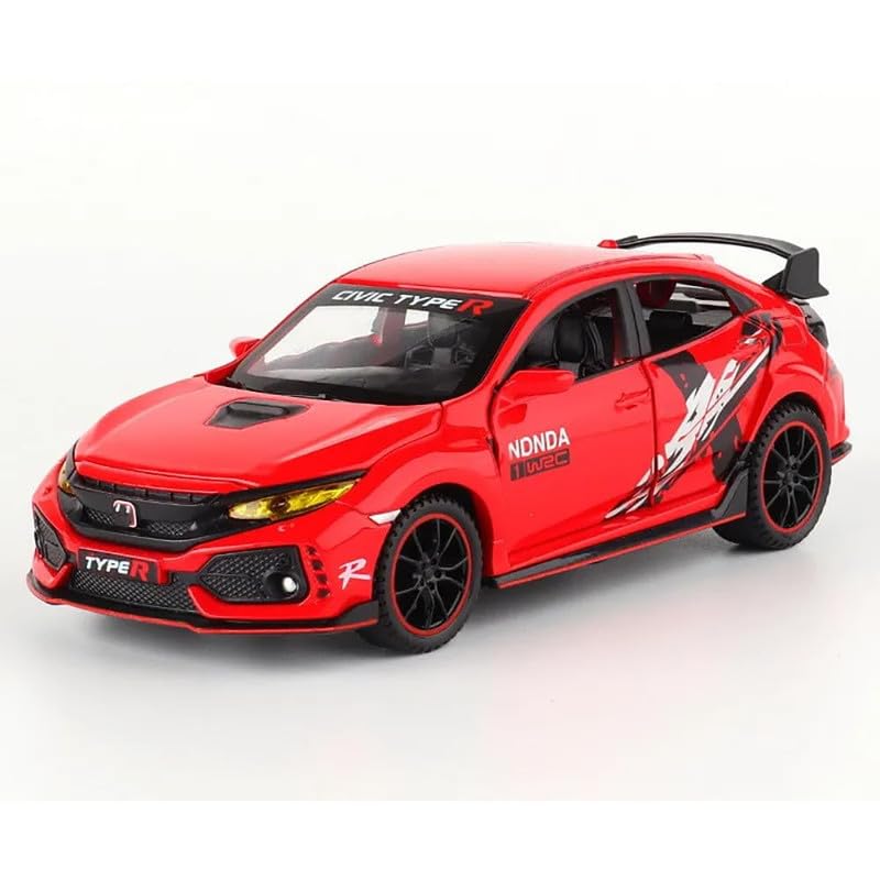 Image of PINQUE Kids New Car 1:32 Civic Type R Diecast Alloy Metal Pull Back Car with Openable Doors Music Sound and Light Vehicle Toy Car for Boys (Red)