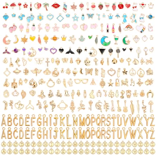 Flasoo 304Pcs Gold Charms for Jewelry Making Assorted Bracelet Letter Charms for DIY Jewelry Making Necklace Bracelet Keychains and Crafts