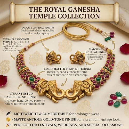 Image of Gold-Plated Antique Temple Jewellery Set for Women - Traditional Necklace with Large Peacock Pendant & Matching Jhumka Earrings | Ethnic Festive & Bridal Wear Set with Ruby & Emerald Accents