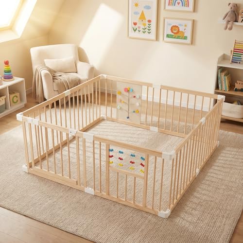 GYMAX Wooden Baby Playpen Adjustable Multi-Shape Toddler Fence with Locking Gate and Montessori Toys Indoor Infant Play Center Yard