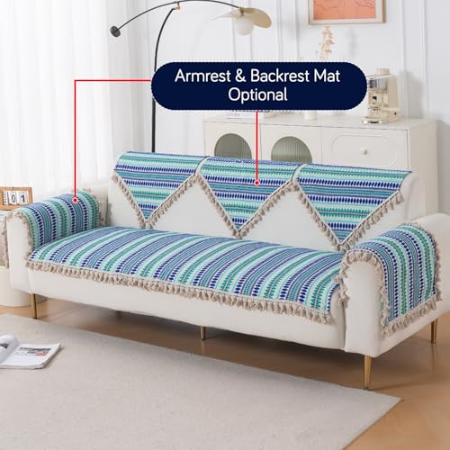 Image of HOKIPO 'Artisan Boho Series' Sofa Cover Mat with Tassel for 3 Seater Sofa | 450 GSM Thick Cotton Acrylic Jacquard Fabric, Royal Blue (IN-904-A2*S)