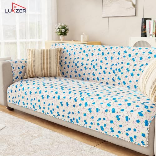 Image of Lukzer 3 Seater Sofa Cover Quilted Reversible WaveEdge Ultrasonic Cut Sofa Mat with Back and Hand Rest Covers - Ikat Rose - Washable Sofa Protector for Modern Living Room 180 x 150 CM /SC-203-03WB