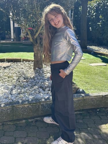 Image of Rolanko Girls Cargo Pants Wide Leg Streetwear Kids Pants with Pockets Trendy Jogger Trousers 4-14 Years