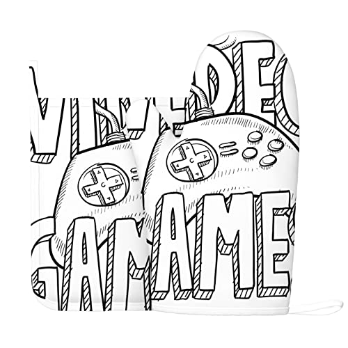 Cartoon Oven Mitts(Right Hand) Heat Resistant Sets,Style Video Games Sketch,Kitchen Oven Glove High Heat Resistant With Non-Slip Silicone Surface For Cooking,White And Black #TOP13