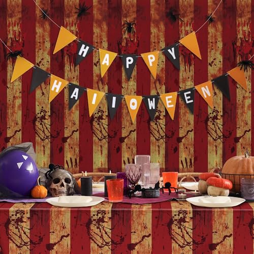 Image of Kochorie 100 Ft x 54 Inch Creepy Carnival Tablecloth Roll with Cutter Box Plastic Table Cover Roll Halloween Bloody Circus Tent Backdrop for Halloween Party Circus Clown Room Wall Decorations