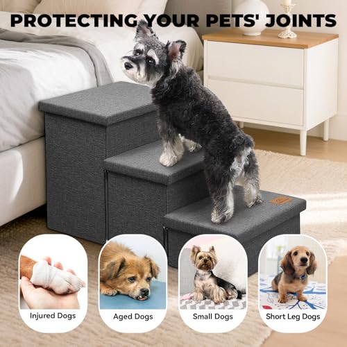 Image of Zerbuger Dog Stairs with Storage 18 inch H, 3-Step Wider Dog Steps for Small /Medium /Large Old Dogs Cats, Folding Sturdy Pet Stairs Climbing Bed Couch, Ramp for Car Hold Up to 200 lbs (Dark Grey, No Condo)