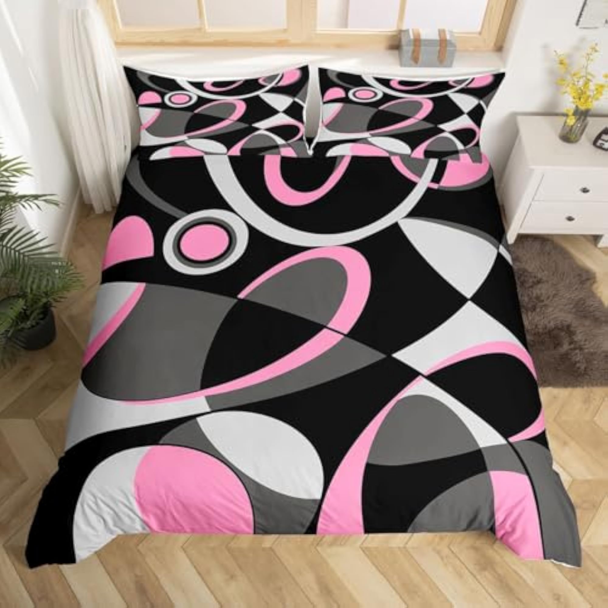 Pink Grey and Black Comforter Cover Bedding Set, Modern Abstract Art