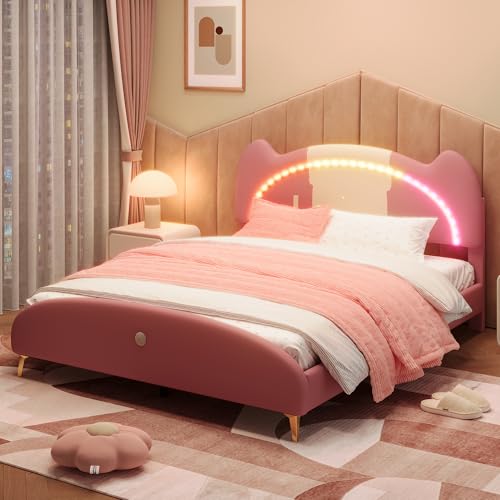Goeria Cama tapizada, cama doble, cuna, cuna con listones de madera, con marco de madera maciza y tubos de hierro, tablero de fibra de densidad media+esponja suave + material de piel sintética,