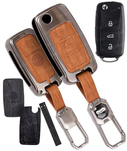 Image of Car Key Cover Compatible with Polo Vento Jetta Ameo Passat and Skoda Rapid Laura Superb Octavia Fabia Yeti 3-Button Smart Flip Key (Dual Leather Metal (Black & Brown))
