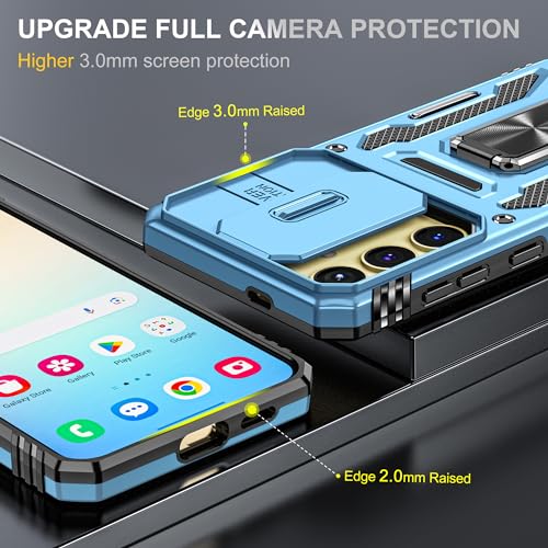 Image of Polycarbonate Slide Camera Cover with Ring Holder Mobile Phone Back Cover for Samsung Galaxy S24 Plus /S24+ (Blue)