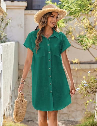 Image of Zeagoo Summer Dresses for Women 2026 Cotton Button Down Short Sleeve Tshirt Dresses Casual Mini Beach Dress