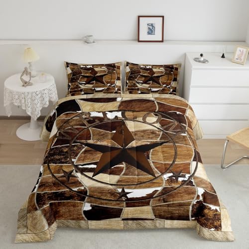 Image of Western Texas Star Bedding Set Twin Cowhide Comforter Set Rustic Farmhouse Comforter Vintage Decor Rural Country Farmhouse Duvet Set Twin Size Quilt 2Pcs Boys