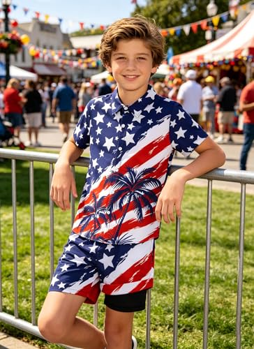 Image of UNICOMIDEA Boys 4th of July Outfits Kids Patriotic Independence Day Tropical Short Sets for 5-12 Years
