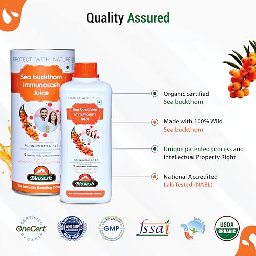 Image of Biosash Sea Buckthorn IMMUNOSASH Juice 750ml | From Certified Organic Berries, Cold-Pressed | Rich in Omega 3 6 7 9 & Vitamins | Herbal extracts |No Added Sugar | Immunity & Vitality | 150 Serves