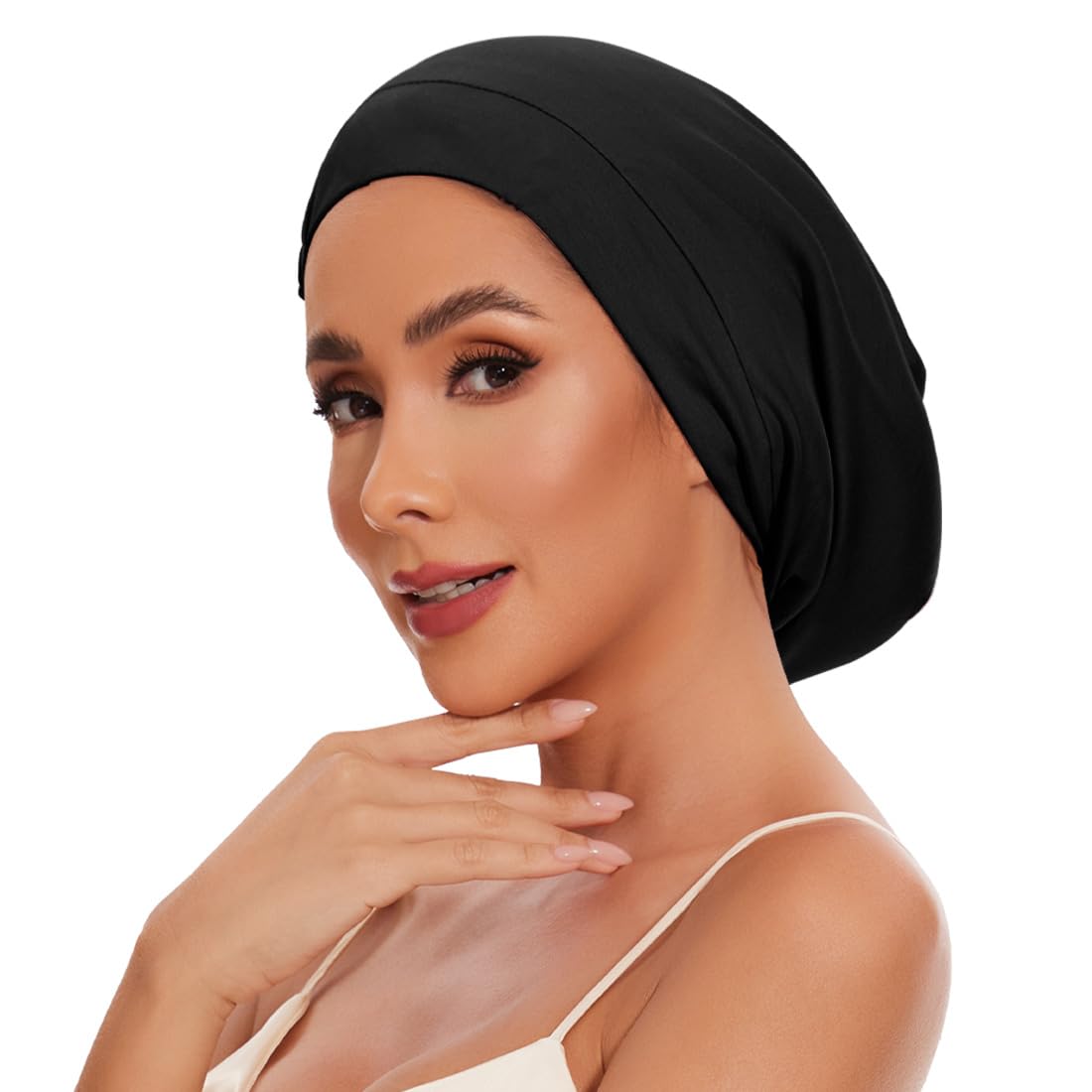Bonnet de nuit en 100 % soie de mûrier pour femme - Bonnet de nuit en soie avec fermeture réglable - Bonnet souple à doublure en soie pour boucles et cheveux longs - Noir